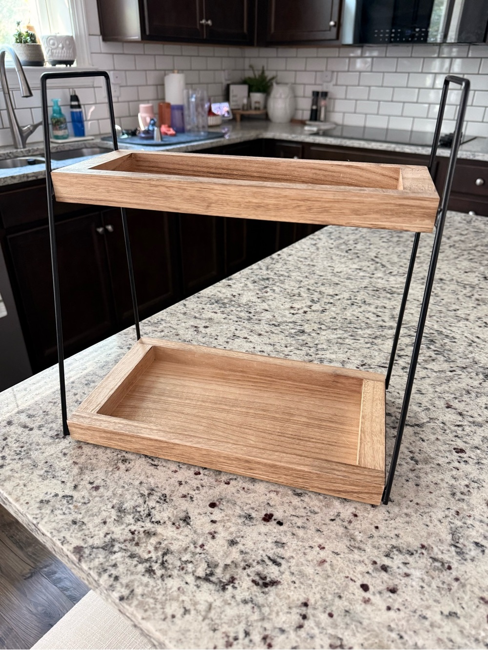 Amazon Natural Wood and Black Metal 2-Tier Vanity Tray Organizer